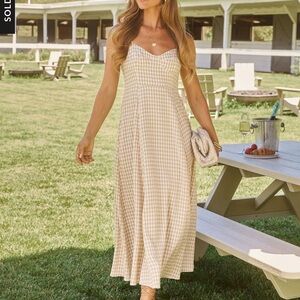 Vici Beige Gingham Spaghetti-Strap Maxi Dress